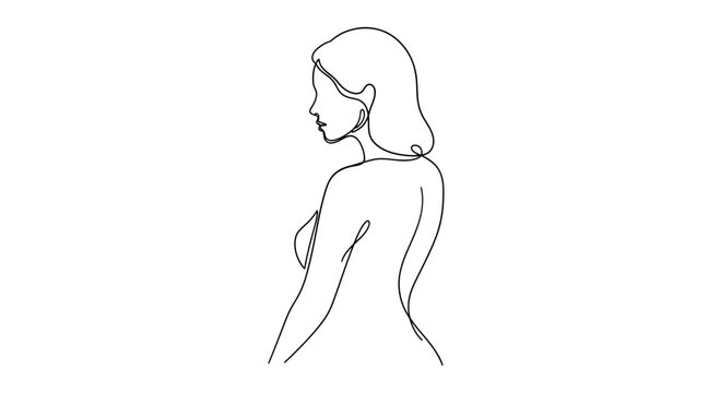 Minimalist line art depicts woman's profile, shoulders, and upper back