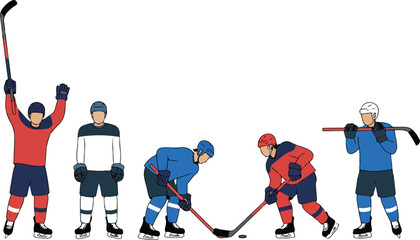 Fototapeta premium Clean flat design illustration of ice hockey player silhouettes in contrasting jerseys arranged in horizontal motion sequence