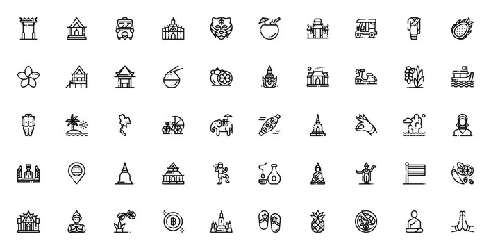 Thailand icon set. Vector illustration pack. Includes symbols for temple, elephant, tuk tuk, beach, monk, pineapple, flag, boat, rice and more. Editable stroke.