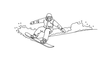 Fototapeta premium One-line drawing of a snowboarder carving through powder