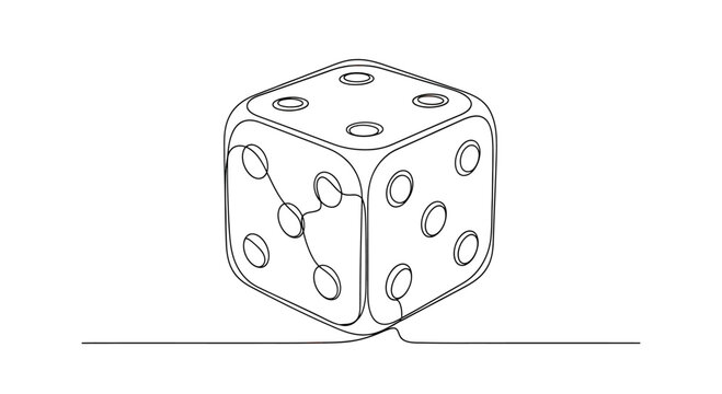 Single-line drawing of a dice with visible dots on multiple faces
