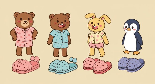 Cartoon animals wearing pajamas and matching slippers on a neutral background