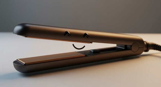 Close up of a hair straightener with a smiling face isolated on a white surface