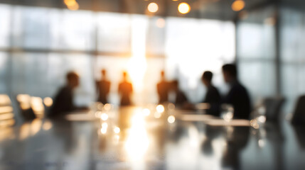 Fototapeta premium Blurred Corporate Team Discussion in Modern Office with Warm Sunlight