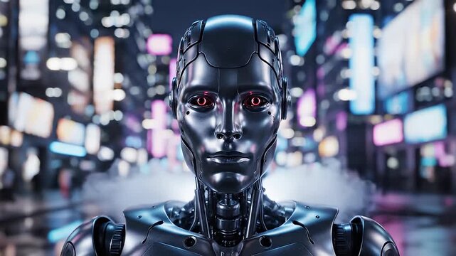 Metallic humanoid robot in glowing futuristic urban cityscape at night
