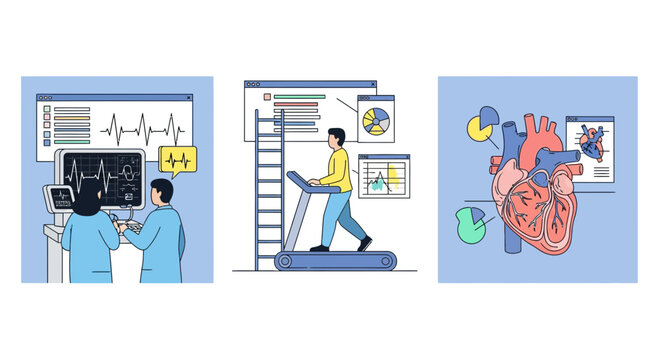 Comprehensive Cardiovascular Health Care Services With Medical Monitoring Heart Stress Test And Human Anatomy Diagram Illustration Set