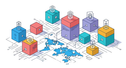 Fototapeta premium Tech Net Web Map Link Data Cloud Node Flow Site Host Box Hub Grid Area