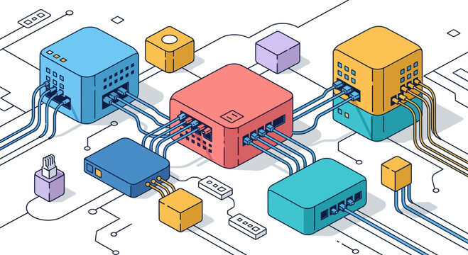 Isometric network server data hub cloud link web tech icon vector concept system storage connectivity communication