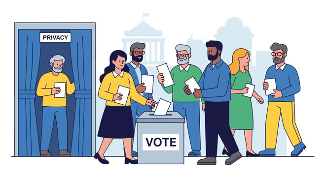 Diverse people casting votes at polling station with privacy booth