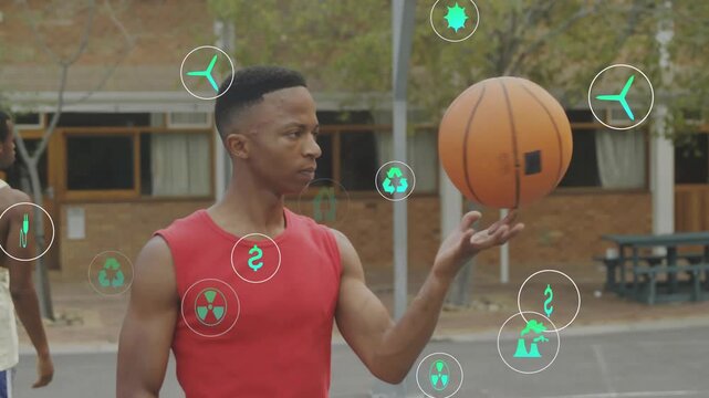 Vertical video: Green icons floating red tank player with white band spinning orange ball on court