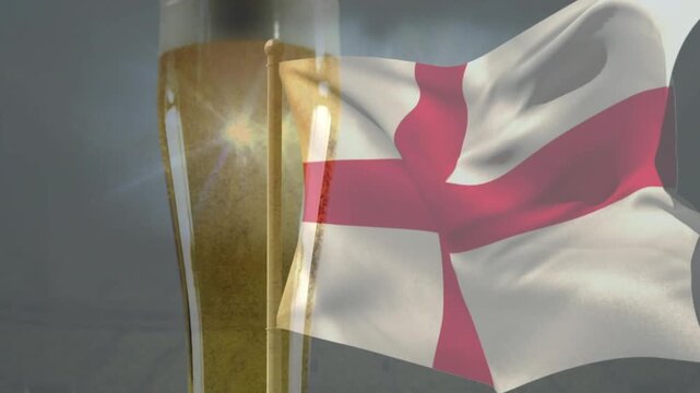 Vertical video: Rippling St George cross flag billowing from wind in gray studio, overlapping glass