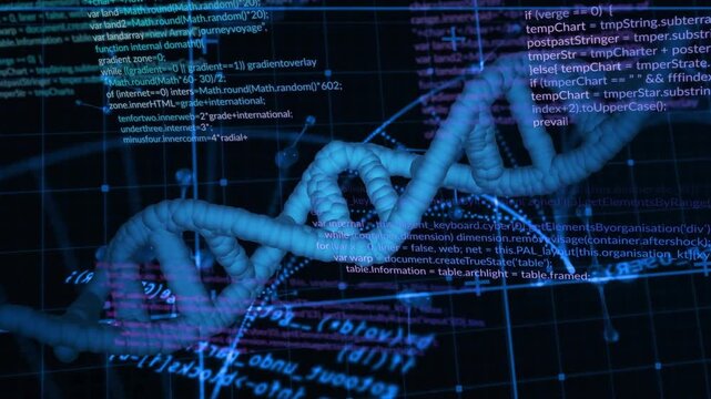Vertical video: Appearing right 3D DNA helix moving, rotating in grid code nodes showing data links