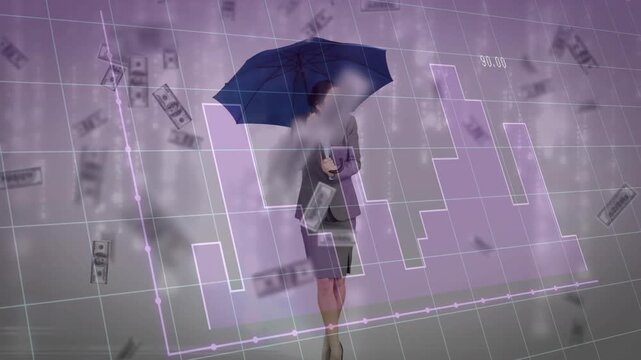 Woman holding blue umbrella and folder, falling cash sparking finance chart, protecting folder
