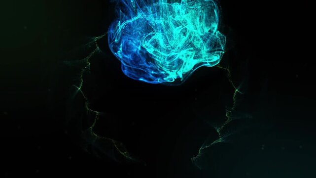 Green-gold specks drifting up and sparking cyan mass forming pulsing ring stabilizing for tech