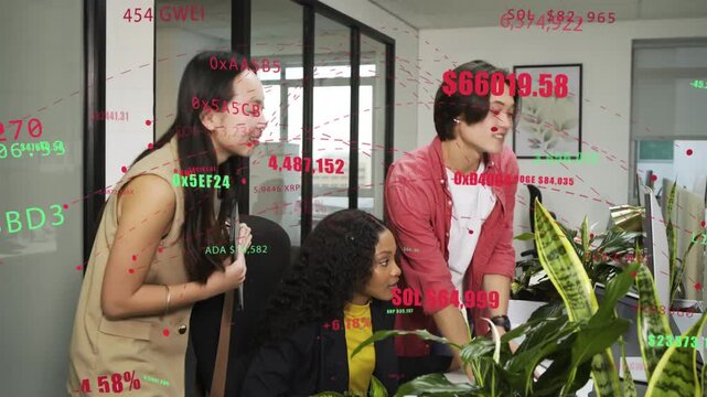 Vertical video: Left woman showing phone, team leaning to screen, analyzing crypto tickers floating