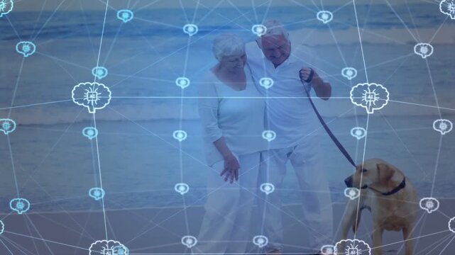 Senior couple holding leash while dog turning, digital grid pulsing over couple, tech aiding safety