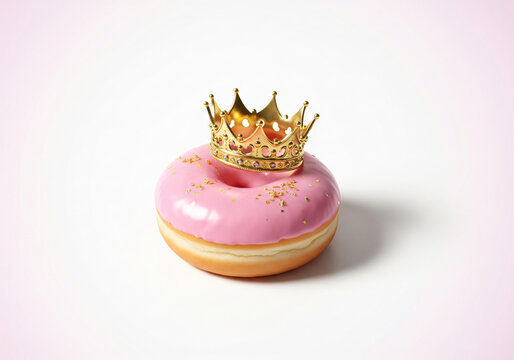 A donut wearing a gold crown, a birthday cake decorated with pink icing and candles on a white background.