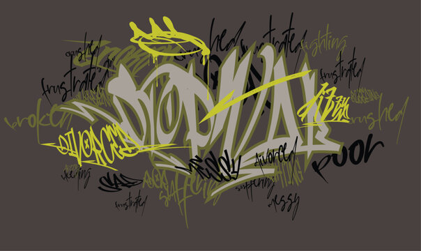 stop war slogan spray paint shape with messy stains black and Red, stop war graffiti spray background. Grunge banner. Red paint, blood spray, blood flowing.eps