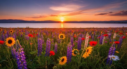 Naklejka premium Vibrant Sunset Over a Field of Wildflowers and Lake, Natures Beauty at Dusk.