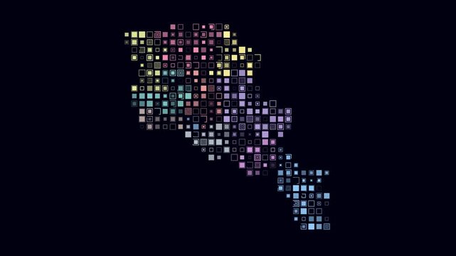 Armenia dotted animation. Shape of the country build of pulsating colored dots. Large size square blocks. Digital style map on dark background. Modern video.