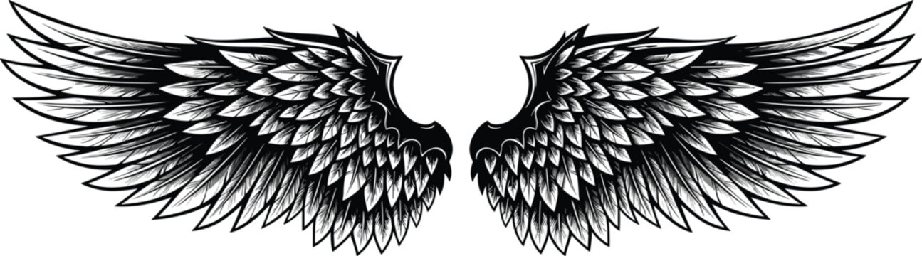 Stylized wings illustration, angel feather design, bird wing silhouette, tattoo art concept, freedom flight symbol, spiritual graphic, flat vector illustration