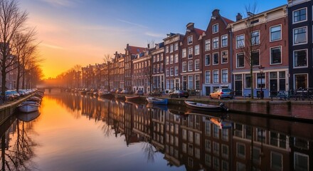 Fototapeta premium Canal cityscape sunset reflections
