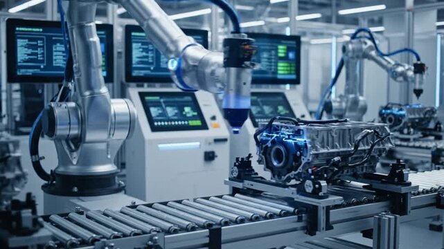 Automated industrial facility showcases robotic arms assembling an engine block on a conveyor belt