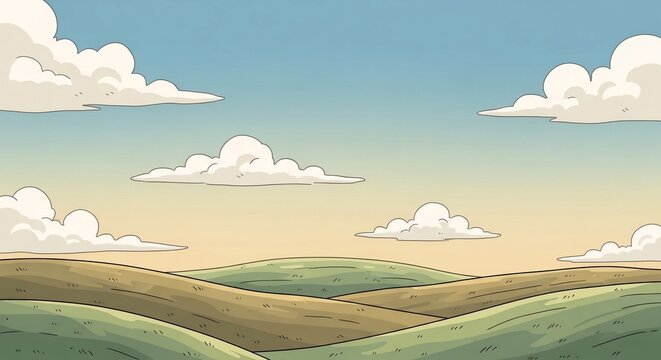 Cartoon landscape with rolling hills and clouds