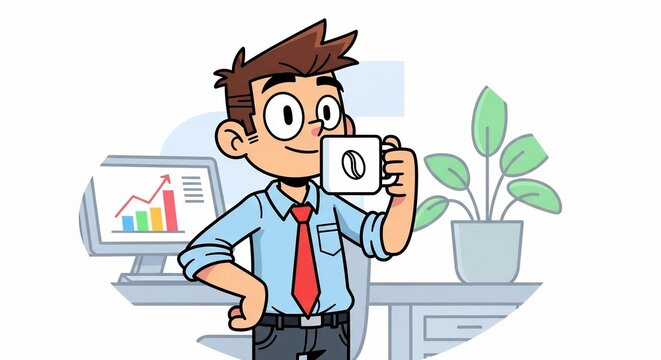 Cartoon man enjoying coffee
