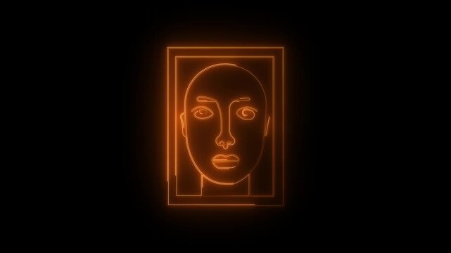 Glowing neon facial recognition scan frame animation showing human face outline inside digital scanning interface. Futuristic blue neon line design on dark background representing biometric.4k
