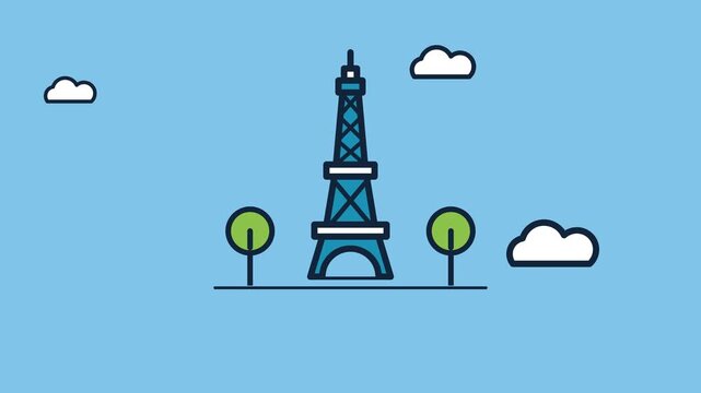 A simple, flat design illustration of the Eiffel Tower with trees and clouds against a blue sky.