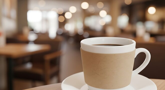 Cozy, warm, freshly brewed black coffee in a simple white mug with a textured sleeve, resting on a saucer on a wooden table in a softly lit, blurred cafe interior.