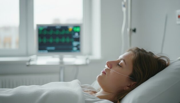A woman rests in a hospital bed with a nasal cannula, while a vital signs monitor tracks her condition.