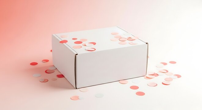 Plain white cardboard box with scattered pink confetti, minimalist studio shot with soft lighting and gentle gradient background, celebration concept.