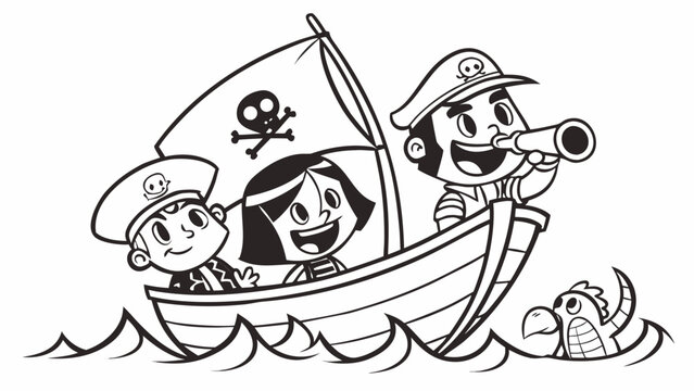 Cartoon Kids on a Pirate Ship Adventure Coloring Page Vector