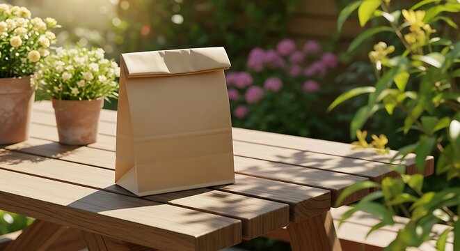 Brown paper lunch bag sits on a rustic wooden picnic table in a sun-drenched garden surrounded by potted flowers and lush green foliage, evoking a sense of outdoor dining and nature.