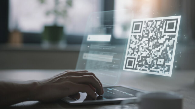 Modern Workspace with Laptop and QR Code: Enhancing Digital Communication, Innovation, and Connectivity in Business Transactions