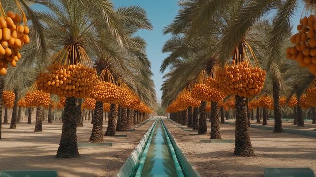 Vibrant date palm trees with ripe orange dates lining a canal