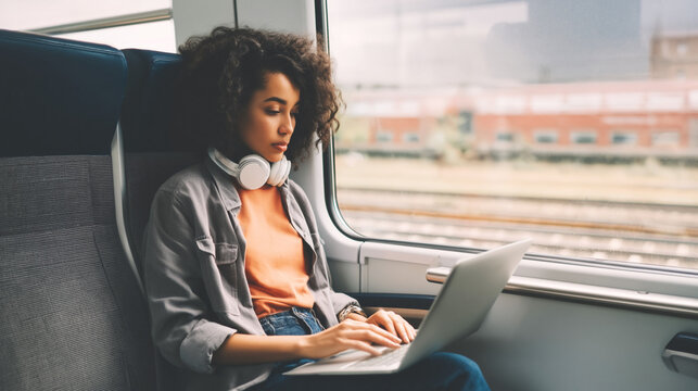 Young Woman in Casual Attire Working Remotely on a Train Journey: Commuting with Laptop and Headphones in the Urban Landscape