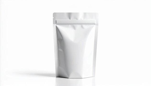 A shiny white stand-up pouch made of foil is standing upright on a reflective surface in a clean environment.