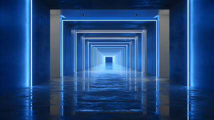 Fototapeta premium Futuristic Blue Geometric Corridor with Glowing Frames and Reflective Floor