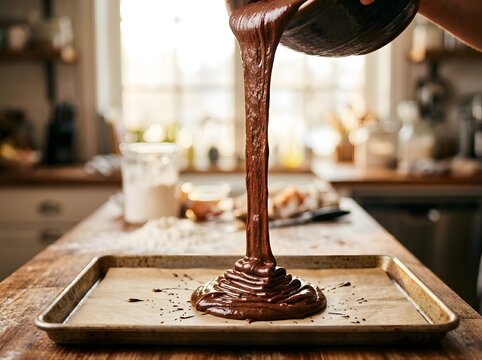 Close-Up of Chocolate Brownie Batter Pouring onto Baking Tray in a Cozy Kitchen