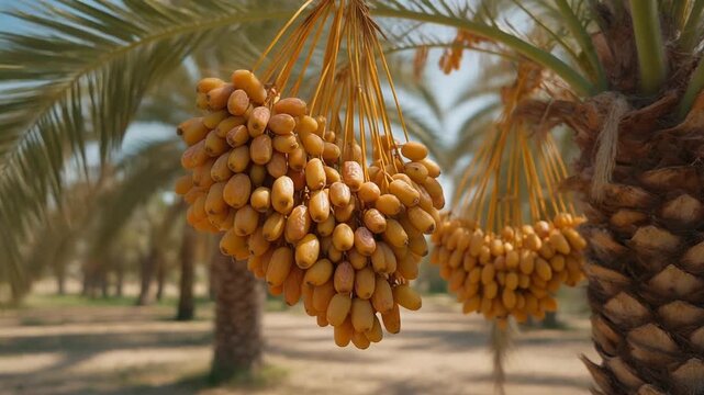 Ripe date palm tree with clusters of dates in a sunny outdoor setting