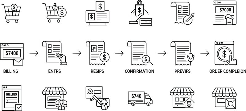 Set of Billing and Payment Workflow Icons Featuring Invoice Process, Order Completion, Transactions, and E-commerce Payment Systems