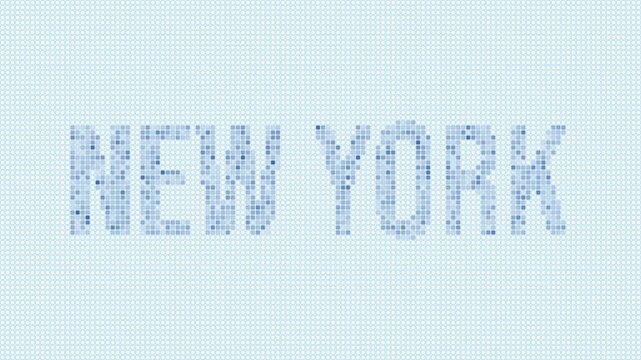 New York, United States dotted map animation. Digital style shape of the state. New York, United States shape and title dots appear with bulb flickering effect. Intro, outro, logo, title video.