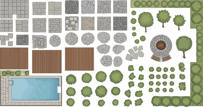 A comprehensive collection of vector elements for landscape design, including paving stones, trees, bushes, and a swimming pool, presented in a top-down view for architectural plans.