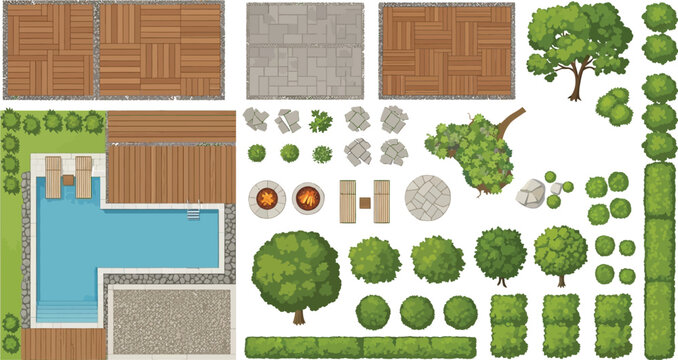 A comprehensive collection of top-down vector elements for landscape design, including swimming pool, wooden decks, trees, bushes, and various paving materials for backyard planning.