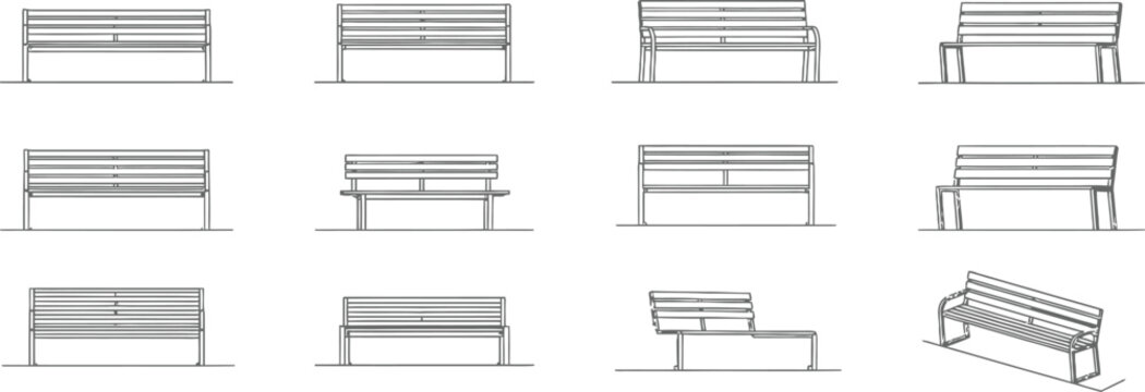 A comprehensive collection of twelve different park bench designs, rendered as detailed technical line drawings for architectural and urban planning purposes, isolated on a clean white background.