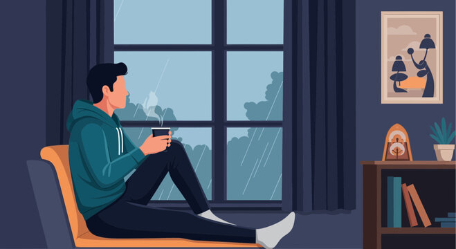 Enjoying a warm drink while sitting by the window on a rainy day in a cozy room during the evening