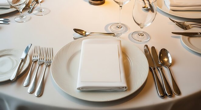 Elegant formal place setting for a special occasion banquet meal, featuring crisp white linen napkin, polished silverware, and glassware on a round table covered with a white tablecloth.